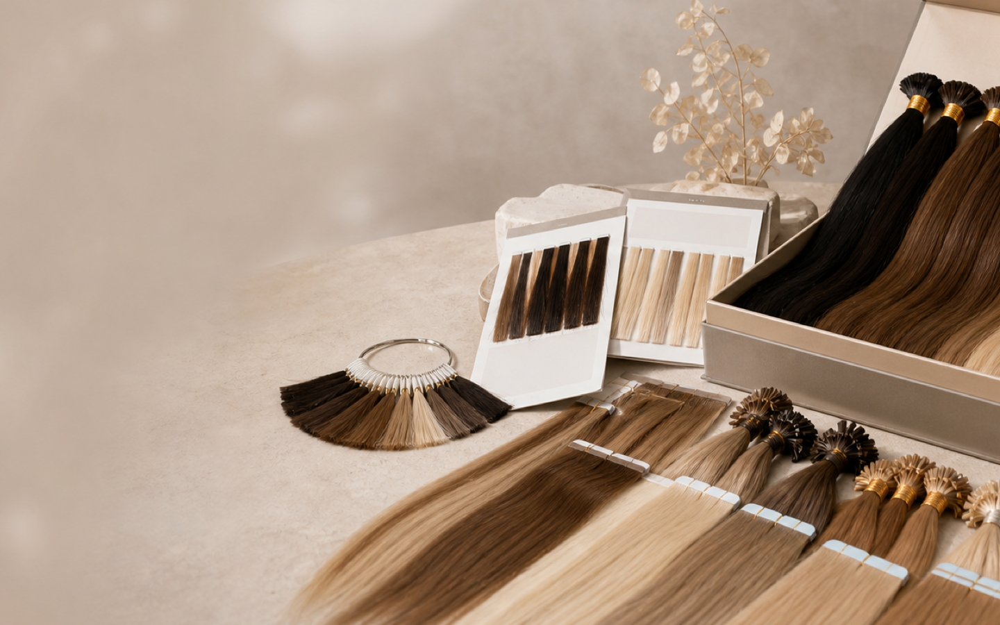 Human hair extension sample kit and colour swatches